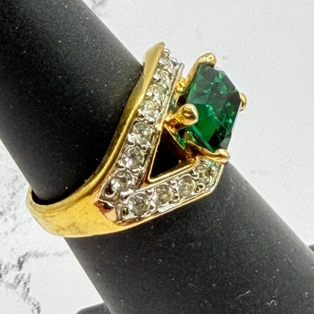 Green Emerald Cut Ring Gold Tone 18KTGE Size 4.75 Halo Cocktail Art Deco Revival